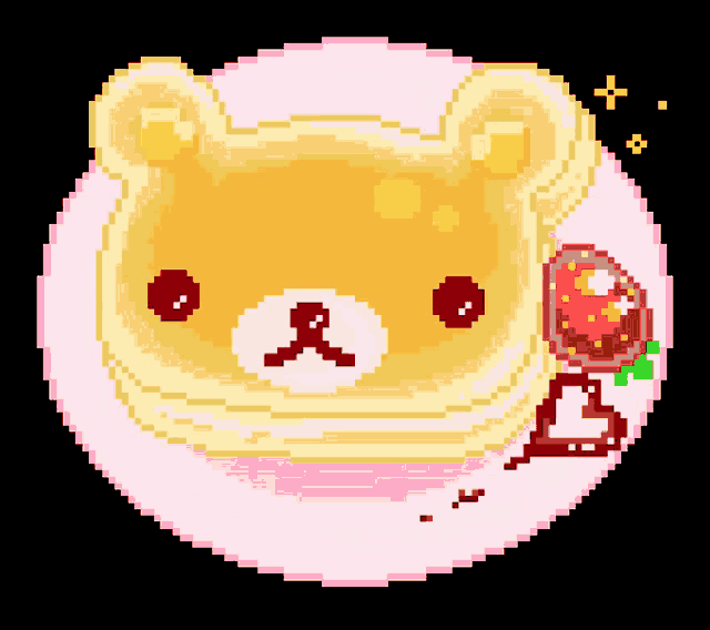 a pixel art of a pancake with a bear face and a strawberry on top
