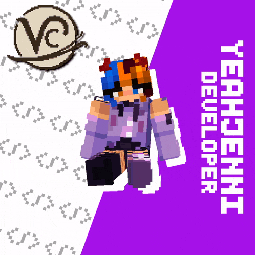 a purple and white poster with a minecraft character that says yeahdenni developer on it