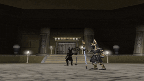a video game scene with a statue of anubis standing in front of a door