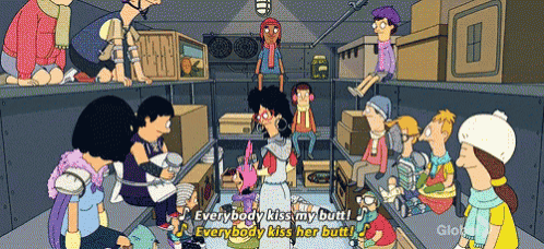 a group of cartoon characters singing everybody kiss her butt