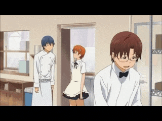 a group of anime characters standing in a kitchen