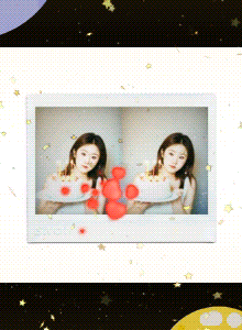 a polaroid picture of a woman holding a cake with hearts on it