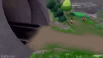 a couple of people are standing on a dirt road in a video game .