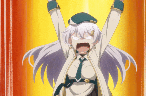 a girl with white hair and a green hat is screaming with her hands in the air