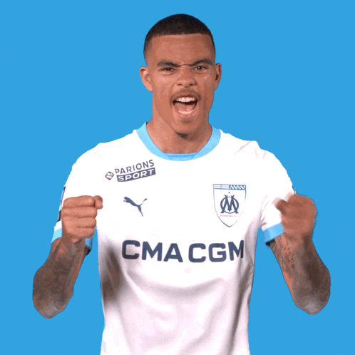 a man wearing a white shirt with cma cgm on the front