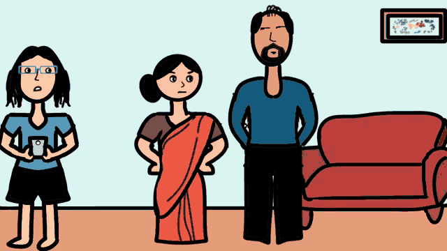 a cartoon of a man and two women standing next to each other
