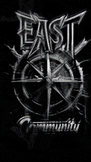 a black and white image of a compass with the words east community at the bottom