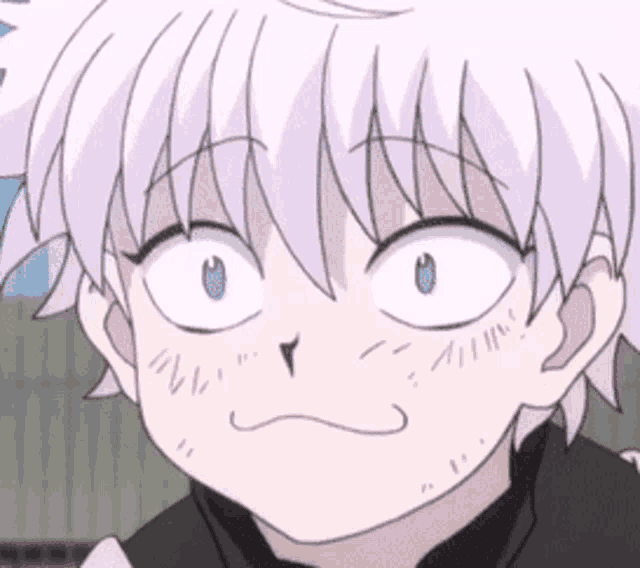 a close up of a cartoon character with white hair making a face