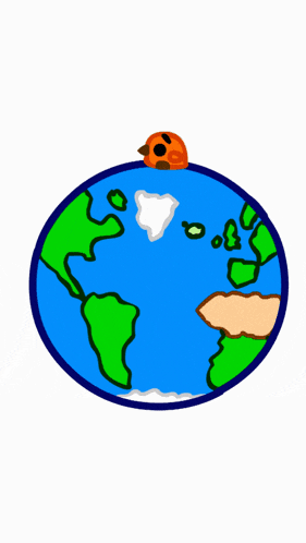 a cartoon drawing of a globe with a ladybug on top of it