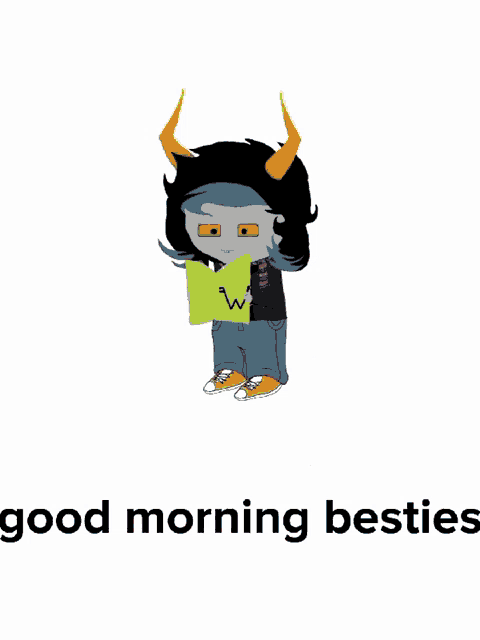 a cartoon character reading a book with the words good morning besties