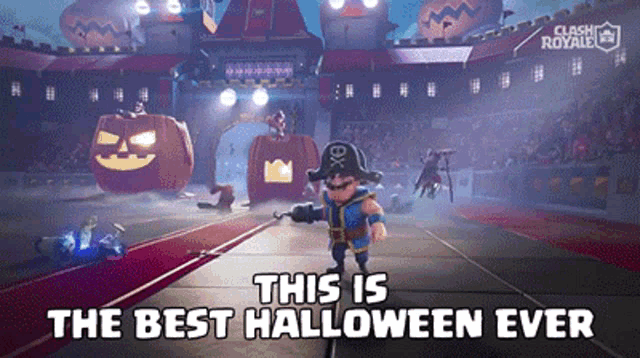 an advertisement for clash royale shows a pirate holding a gun in front of pumpkins