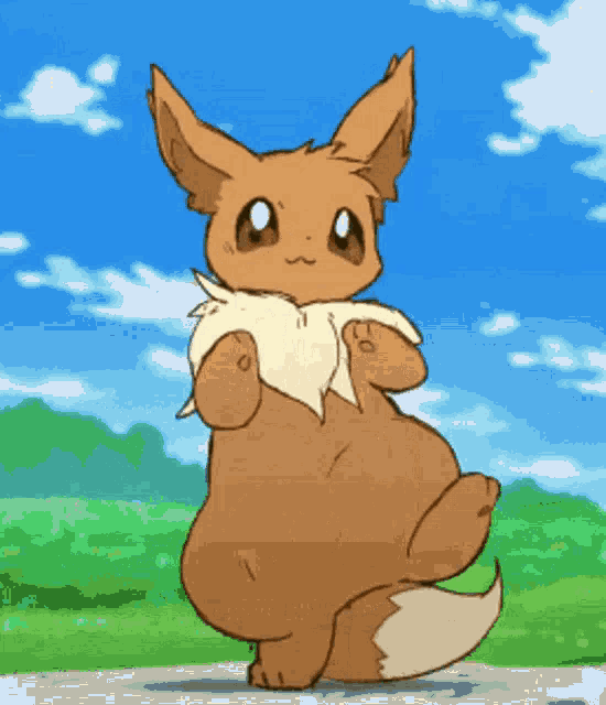 a cartoon eevee is standing on its hind legs in a field .