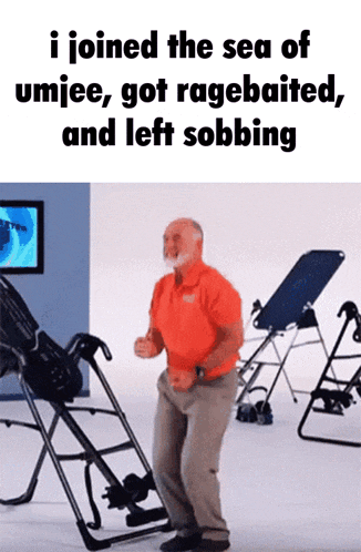 a man in an orange shirt is dancing in front of a machine that says ' i joined the sea of umjee '