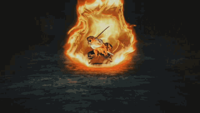 a painting of a large fire with a black background