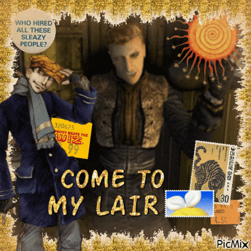 a poster that says come to my lair with a picture of a man
