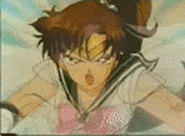 a close up of a cartoon character 's face with a ponytail