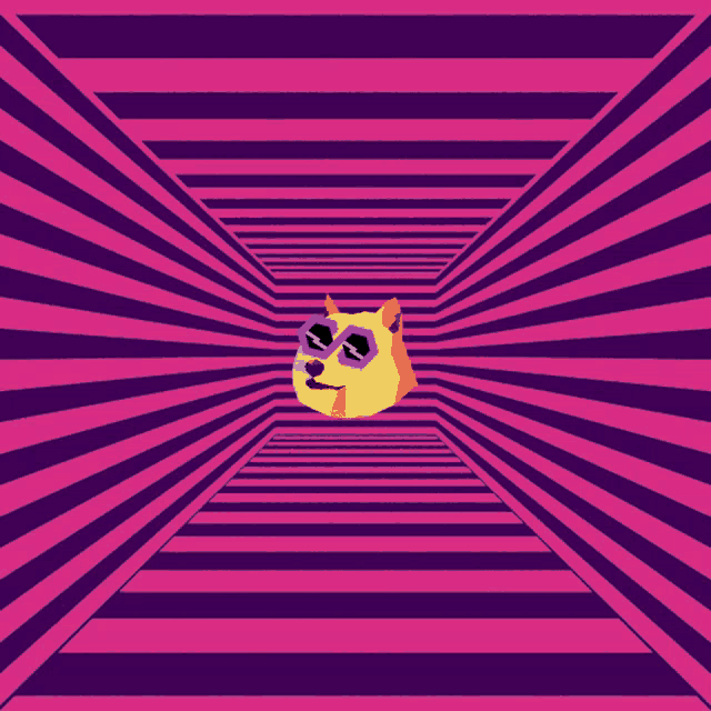 a doge wearing sunglasses is surrounded by purple stripes