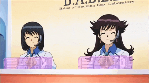 two anime girls sitting at a desk with a sign that says base of backing esp laboratory