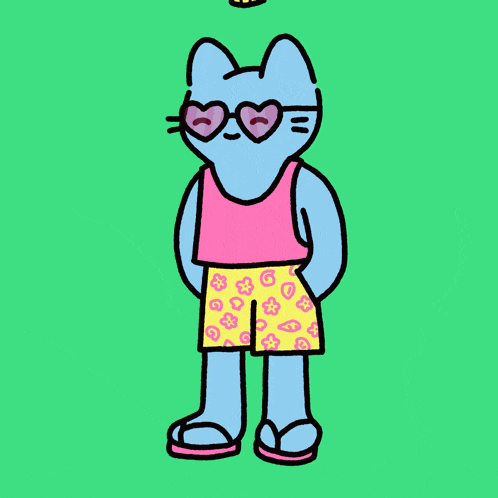 a cartoon drawing of a blue cat wearing sunglasses and shorts