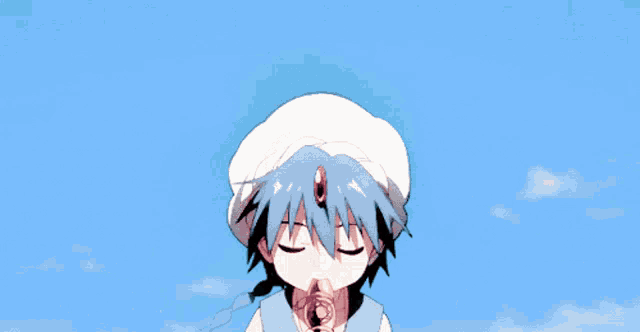 a little girl with blue hair and a white hat is holding a sword