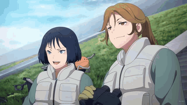 two anime characters standing next to each other with one holding a binoculars