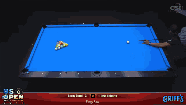 a pool table with a blue cloth that says us open
