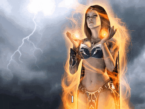 a woman is surrounded by fire and lightning with the letter i on the bottom