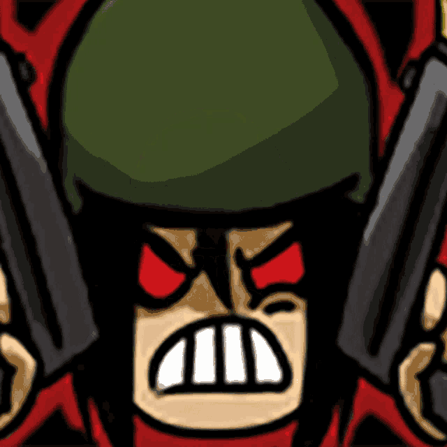 a cartoon of a soldier with a green helmet and red eyes holding two guns