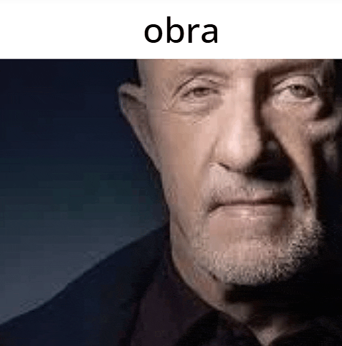 a close up of a man 's face with a beard and the word obra on the bottom .