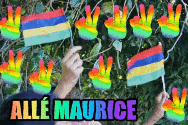 a sign that says alle maurice with a person holding a peace sign