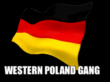 a black background with a red yellow and black flag and the words western poland gang