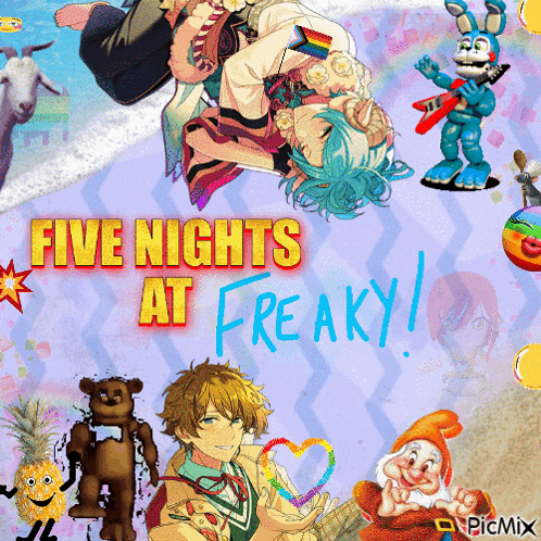 a poster that says five nights at freaky with cartoon characters