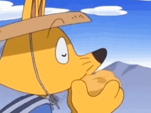 a cartoon character is wearing a hat and holding a piece of food in his hand .