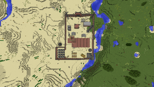 an aerial view of a minecraft map shows a large building in the middle of the desert