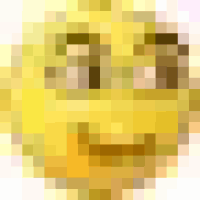 a pixel art of a yellow smiley face with a smile on it 's face .