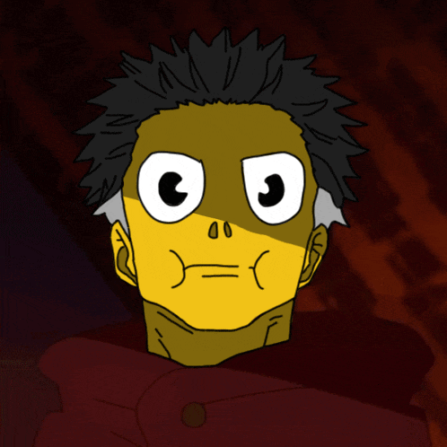 a cartoon drawing of a man with a yellow face and big white eyes