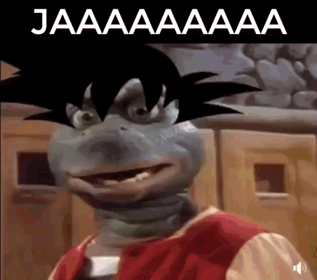 a picture of a dinosaur with a cartoon character on its head and the words `` jaaaaaaa '' written above it .