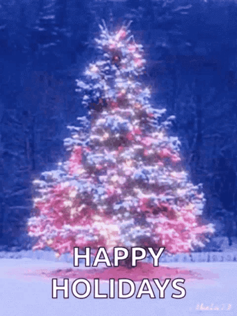 a pink and white christmas tree with the words happy holidays written below it