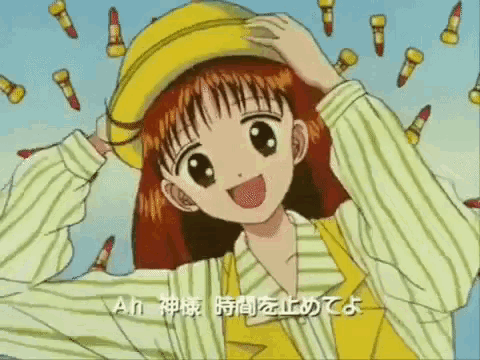 a cartoon girl wearing a yellow hat is surrounded by yellow crayons