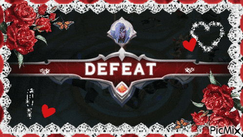 a sign that says defeat with roses and hearts around it