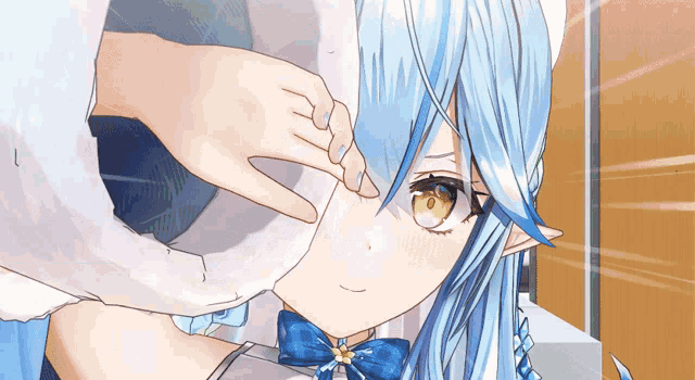 a girl with blue hair and a blue bow tie