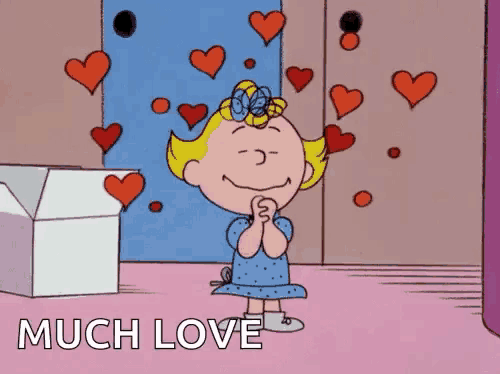 a cartoon of a girl surrounded by hearts and the words much love