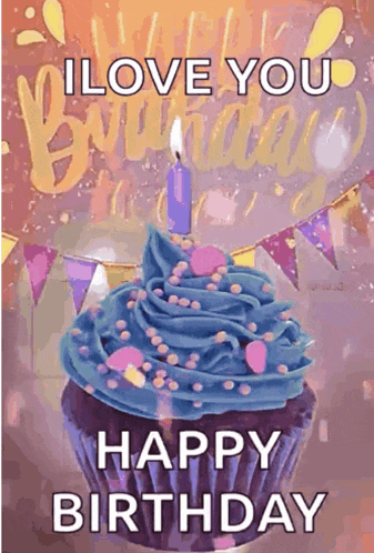 a cupcake with blue frosting and a candle on top of it is on a birthday card .