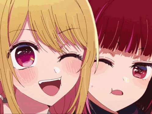 two anime girls with blonde hair and red hair are smiling for the camera