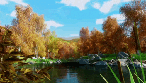 a painting of a river surrounded by trees