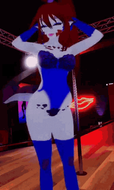 a cartoon character is standing on a pole in a club
