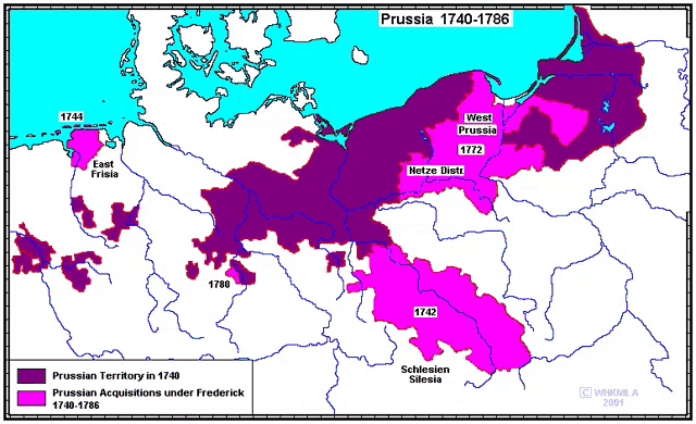 a map showing the territory of prussia in 1740