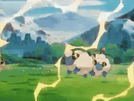 a group of sheep are standing in a field with a lightning bolt coming from the sky .