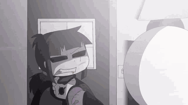 a cartoon character is standing in front of a mirror with a bloody mouth