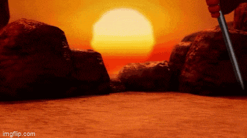 a person is holding a sword in front of a sunset .